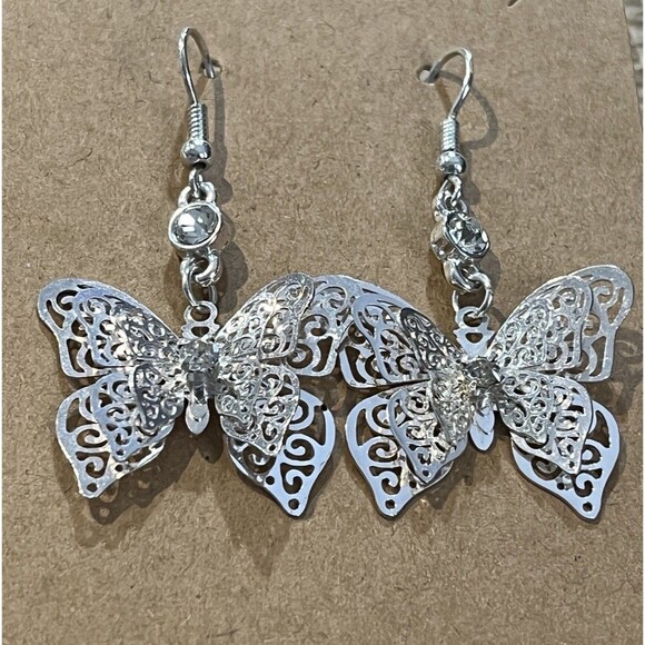 Silver Tone Filigree Style 3D Butterfly Earrings Rhinestone Accents Novelty - Picture 3 of 7